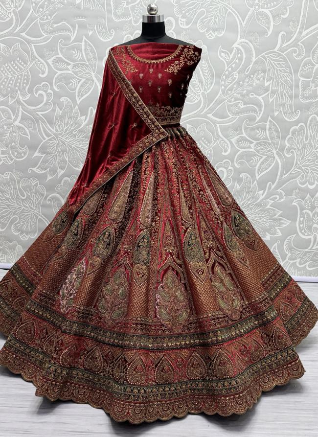 Velvet Red Bridal Wear Embroidery Work Lehenga Choli